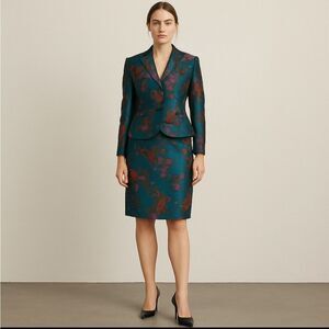 BANU Paris Teal Blue Green Satin Brocade Jacquard 2piece Floral Skirt Suit